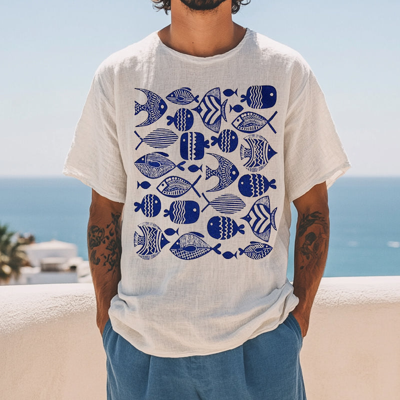 Men's Retro Casual Ocean Print Linen Round Neck Short Sleeve T-Shirt MTA2118D4TO