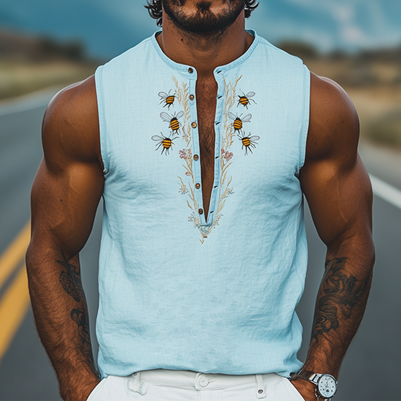 Men's Summer Fashion Deep V Neck Bee and Flower Embroidered Cotton and Linen Tank Top MTA2175D9K