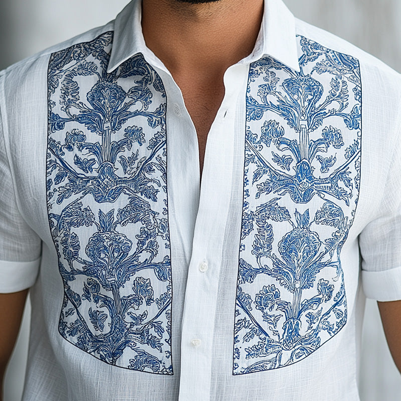 Men's Summer Fashion Porcelain Pattern Printed Cotton and Linen Short Sleeve Shirt MTA2148D0P