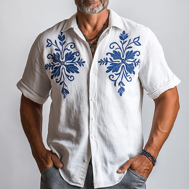 Men's Summer Fashion Solid Color Embroidered Cotton and Linen Short Sleeve Shirt MTA2142D6P