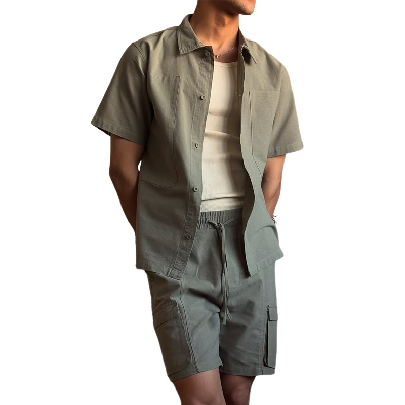 Men's Solid Cotton Multi-pocket Lapel Shirt Elastic Waist Shorts Set MTA2166D8Z