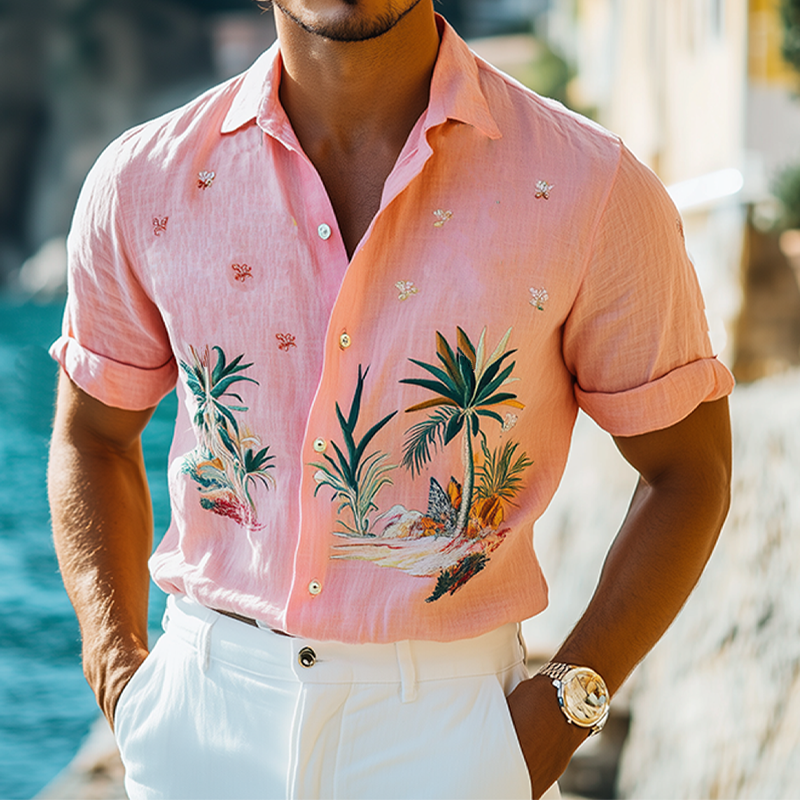 Men's Summer Fashion Hawaiian Style Exquisite Embroidered Cotton and Linen Short Sleeve Shirt MTA2192D3K