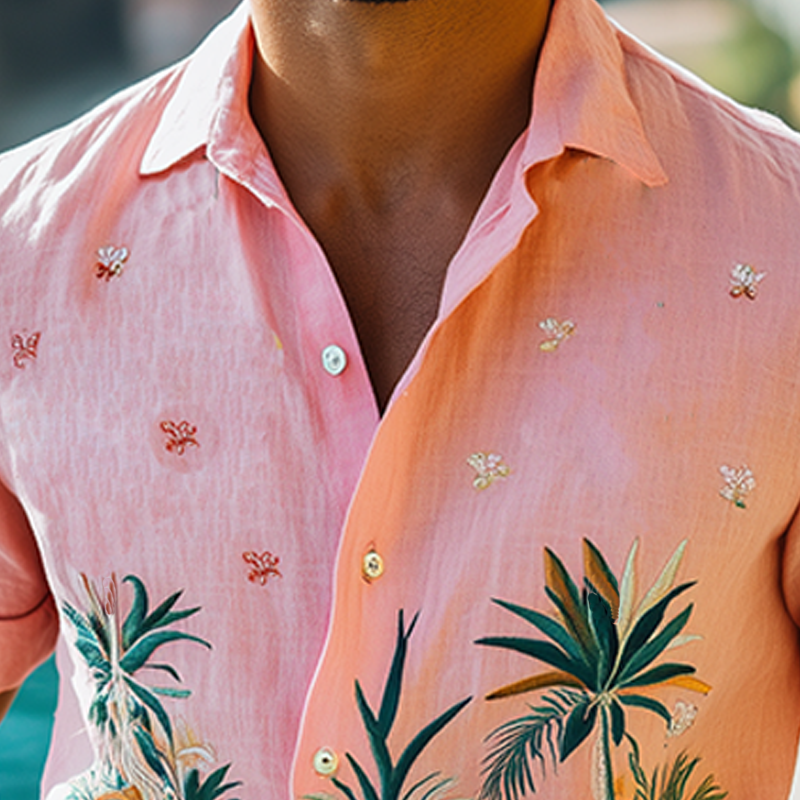 Men's Summer Fashion Hawaiian Style Exquisite Embroidered Cotton and Linen Short Sleeve Shirt MTA2192D3K