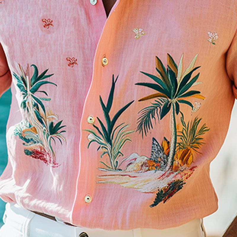 Men's Summer Fashion Hawaiian Style Exquisite Embroidered Cotton and Linen Short Sleeve Shirt MTA2192D3K