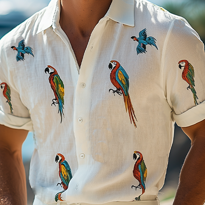 Men's Summer Fashion Hawaiian Style Woodpecker Embroidery Cotton and Linen Short Sleeve Shirt MTA2109D5K