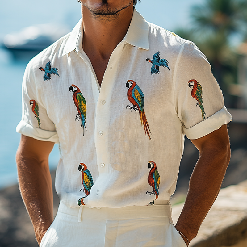 Men's Summer Fashion Hawaiian Style Woodpecker Embroidery Cotton and Linen Short Sleeve Shirt MTA2109D5K