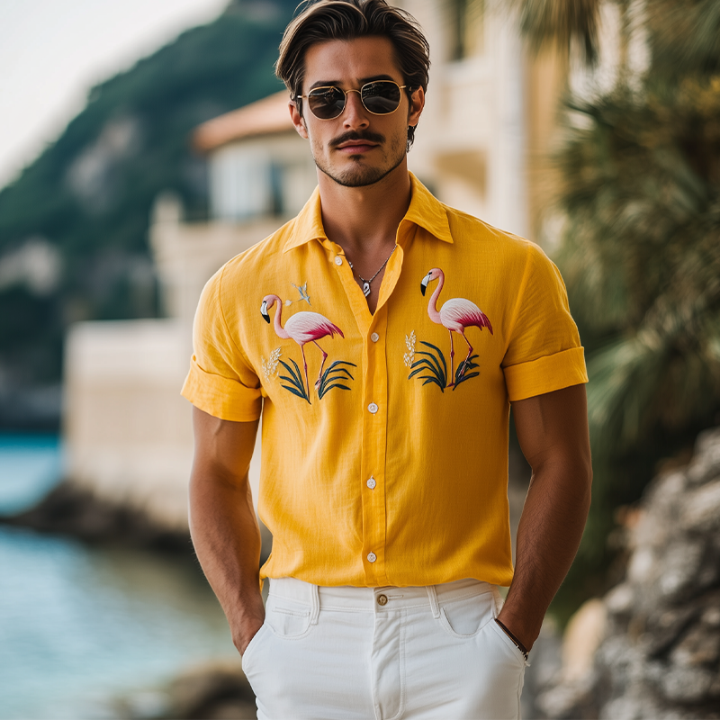 Men's Summer Fashion Hawaiian Style Flamingo Embroidery Cotton and Linen Short Sleeve Shirt MTA2186D2K
