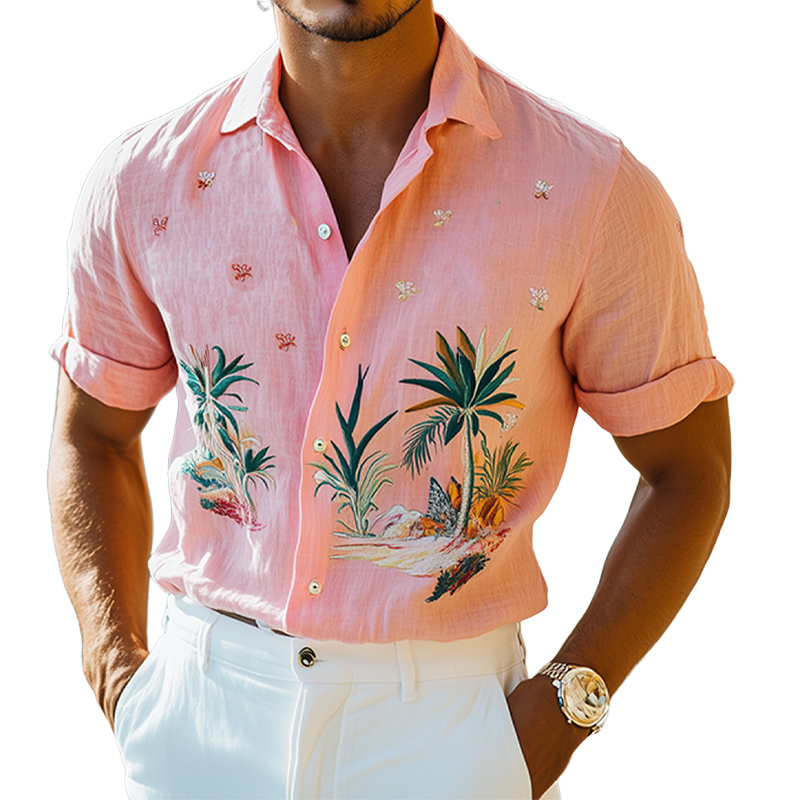 Men's Summer Fashion Hawaiian Style Exquisite Embroidered Cotton and Linen Short Sleeve Shirt MTA2192D3K