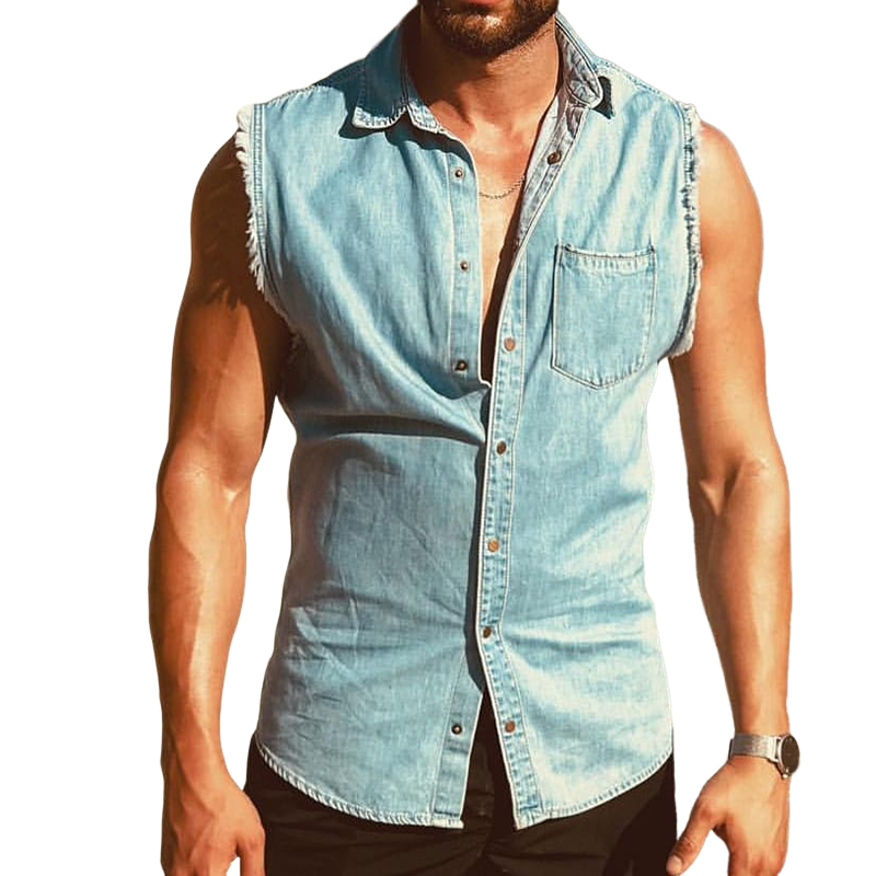 Men's Retro Casual Washed Denim Lapel Sleeveless Shirt MTA1611D6TO