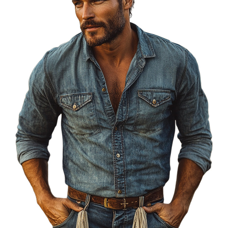 Men's Vintage Distressed Denim Long Sleeve Shirt MTA2124D6U