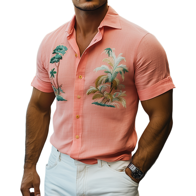 Men's Summer Fashion Hawaiian Style Embroidered Slim Fit Cotton and Linen Short Sleeve Shirt MTA2117D2K