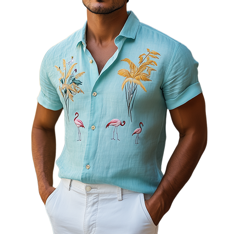 Men's Summer Fashion Hawaiian Style Flamingo Embroidery Cotton and Linen Short Sleeve Shirt MTA2115D5K