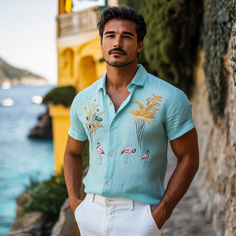 Men's Summer Fashion Hawaiian Style Flamingo Embroidery Cotton and Linen Short Sleeve Shirt MTA2115D5K