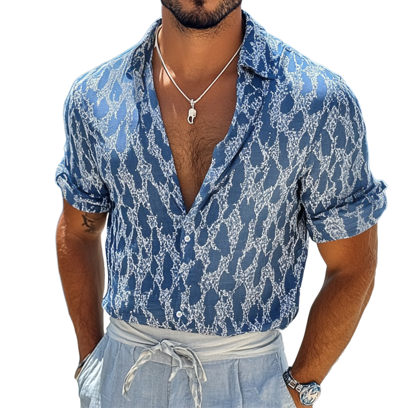Men's Retro Casual Diamond Print Linen Lapel Long Sleeve Shirt MTA2169D7TO