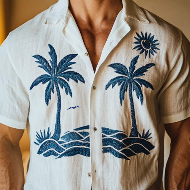 Men's Retro Casual Beach Coconut Tree Embroidery Linen Lapel Short Sleeve Shirt MTA2169D5TO
