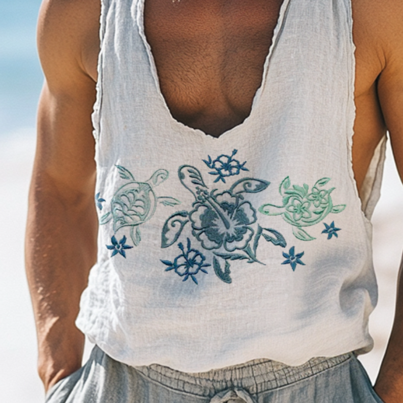 Men's Retro Casual Beach Turtle Embroidery Linen U-Neck Tank Top MTA2164D0TO