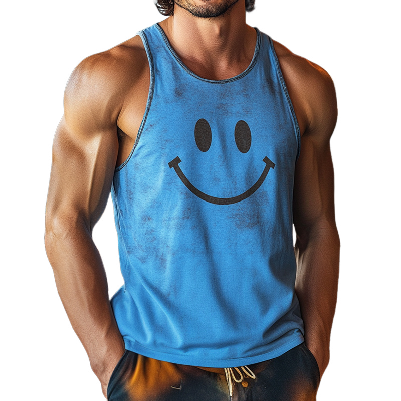 Men's Retro Casual Smiley Face Printed Crew Neck Tank Top MTA2143D3TO