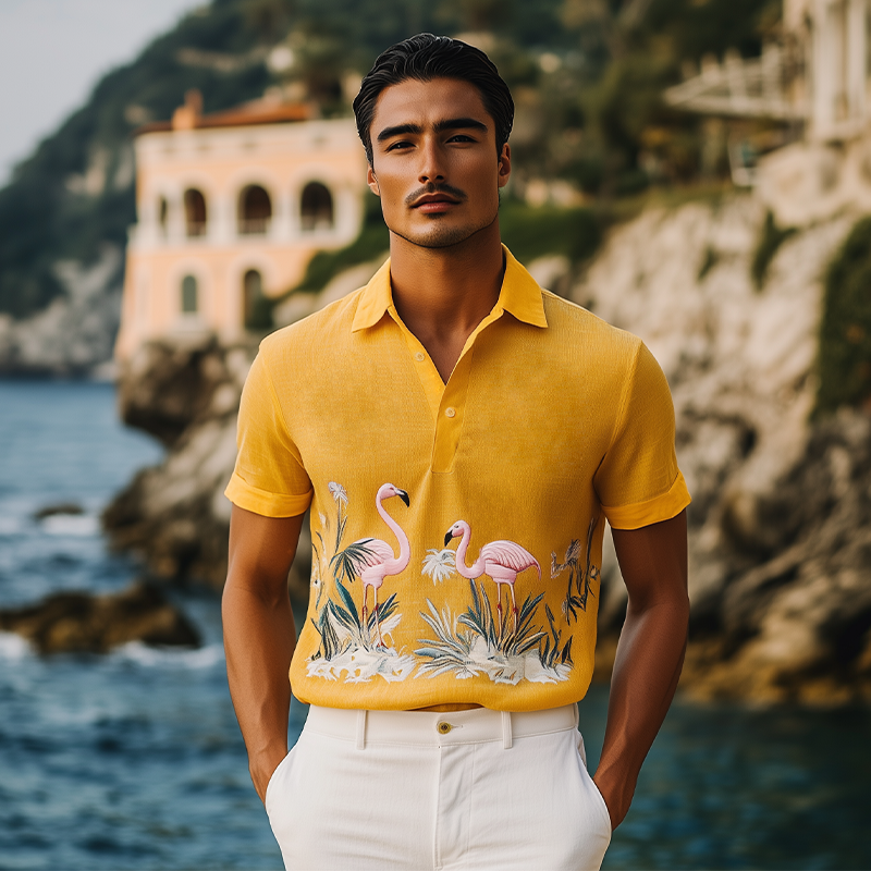 Men's Summer Fashion Hawaiian Style Flamingo Embroidered Cotton and Linen Short Sleeve Polo Shirt MTA2123D9K