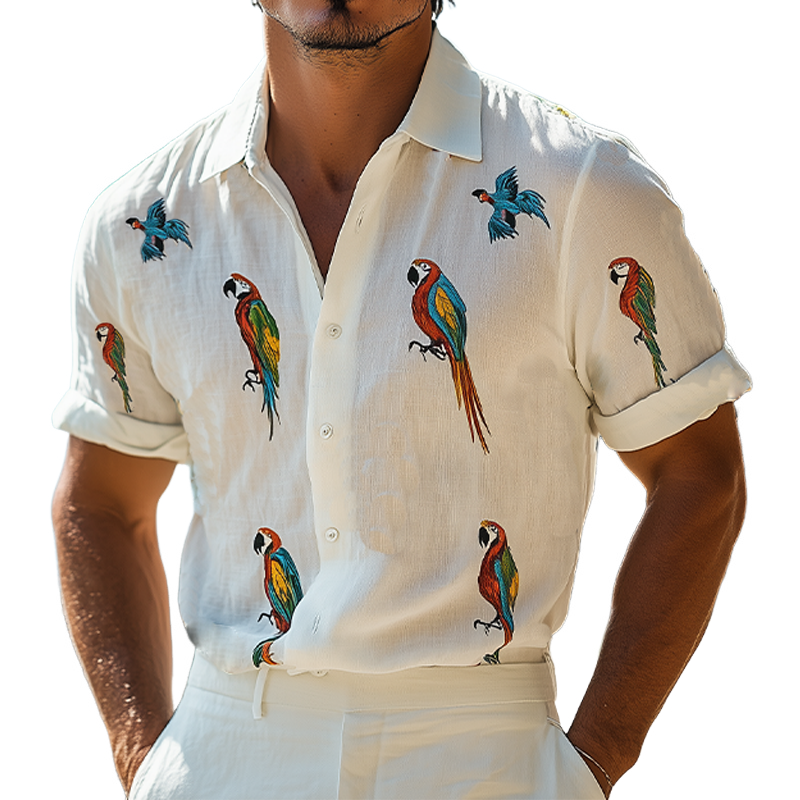 Men's Summer Fashion Hawaiian Style Woodpecker Embroidery Cotton and Linen Short Sleeve Shirt MTA2109D5K