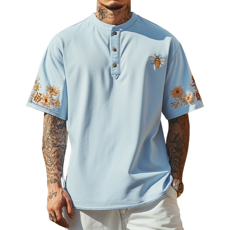 Men's Summer Fashion Henley Collar Flowers and Bee Embroidery Cotton Blend Short Sleeve T-Shirt MTA2137D5K