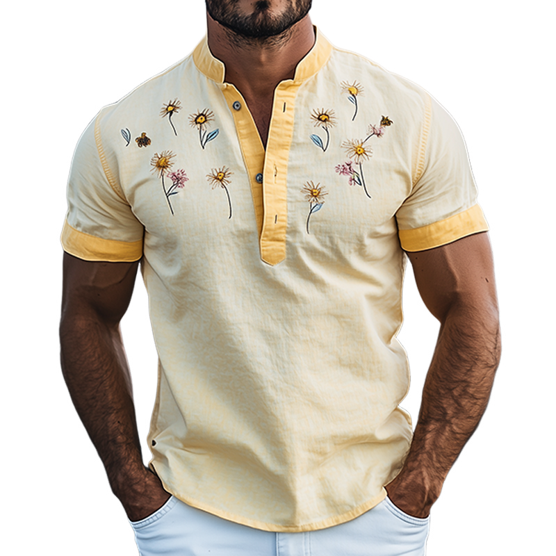 Men's Summer Fashion Henley Collar Flower Embroidery Stitching Cotton and Linen Short Sleeve T-shirt MTA2194D6K