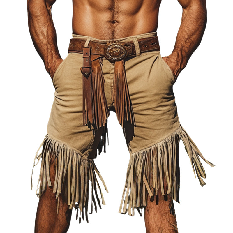 Men's Khaki Western Denim Style Fringe Shorts MTA2103D6U