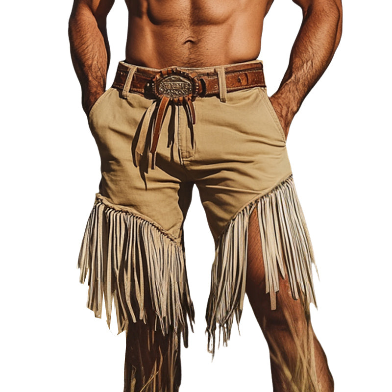 Men's Khaki Western Denim Style Fringe Shorts MTA2191D4U