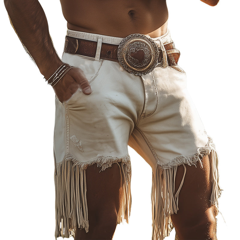 Men's Western Cowboy Style Vintage Denim Fringe Shorts MTA2262D9U