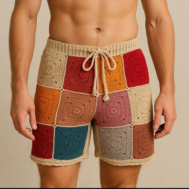Men's Summer Block Contrast Color Breathable And Comfortable Crochet Shorts MTA2203D5P