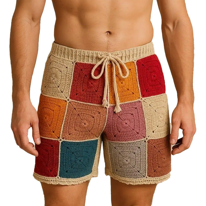 Men's Summer Block Contrast Color Breathable And Comfortable Crochet Shorts MTA2203D5P
