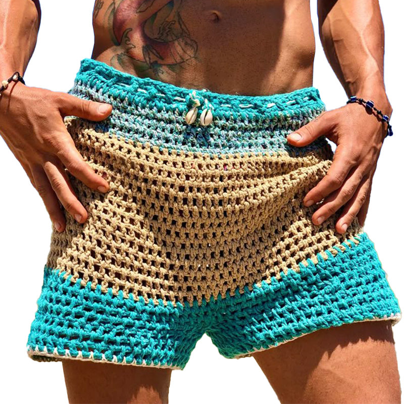 Men's Summer Hollow Breathable Contrast Color Knitted Shorts MTA2296D3P