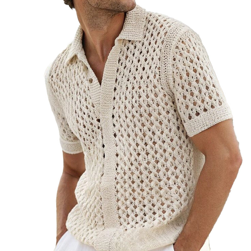 Men's Summer Fashion Hollow Breathable Comfortable Knitted Short Sleeve Shirt MTA2244D4P