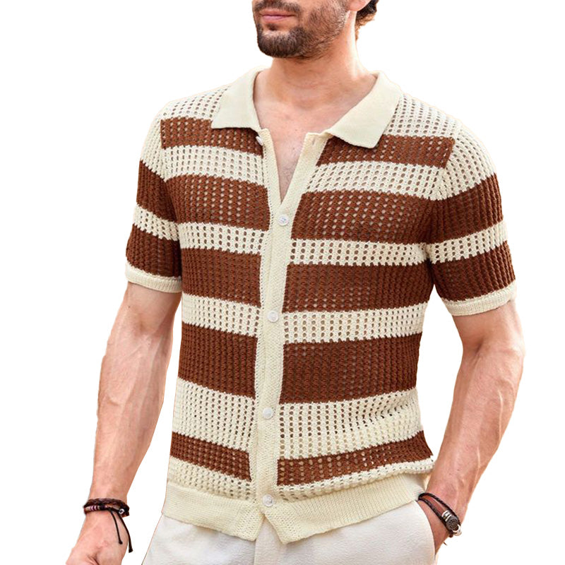 Men's Summer Striped Breathable Comfort Knitted Short Sleeve Shirt MTA2200D0P