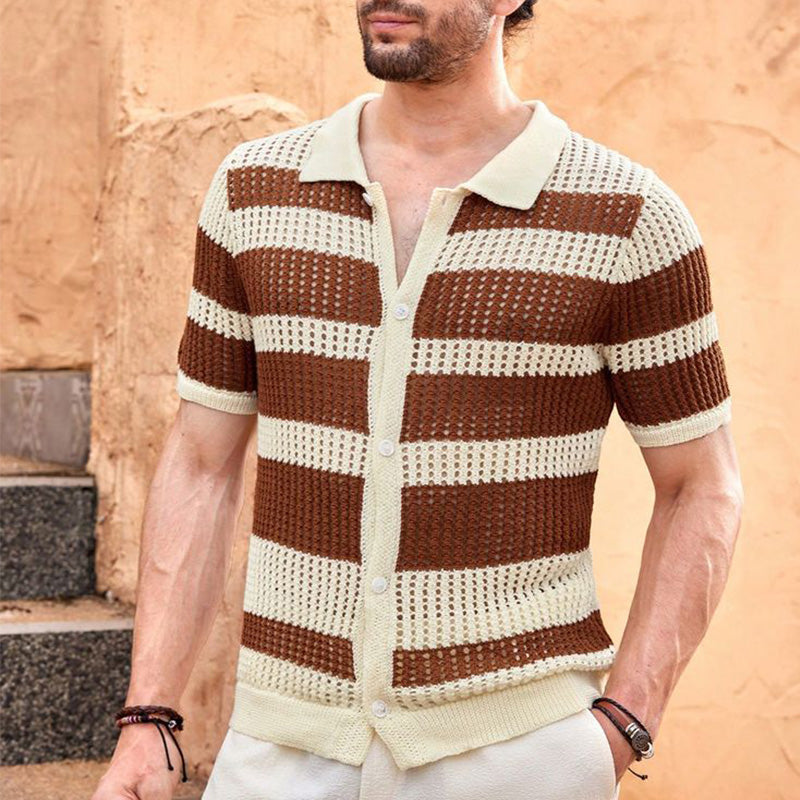 Men's Summer Striped Breathable Comfort Knitted Short Sleeve Shirt MTA2200D0P