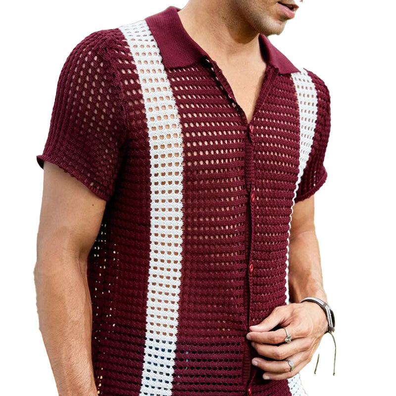 Men's Summer Vertical Striped Breathable And Comfortable Knitted Short-Sleeved Shirt MTA2272D4P