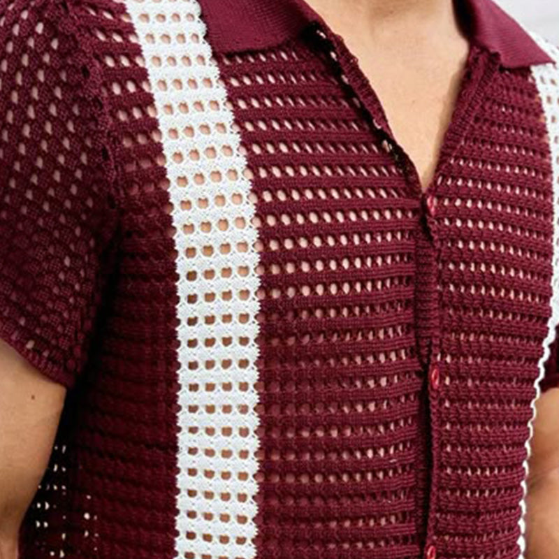 Men's Summer Vertical Striped Breathable And Comfortable Knitted Short-Sleeved Shirt MTA2272D4P