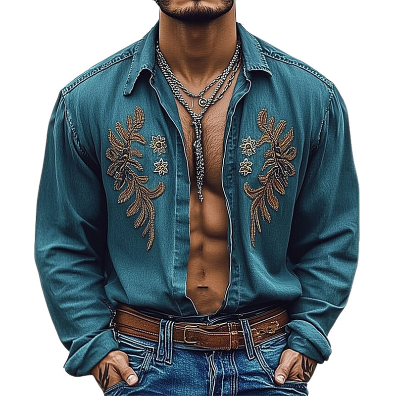 Men's Vintage Denim Embroidered Button Shirt MTA2210D2U