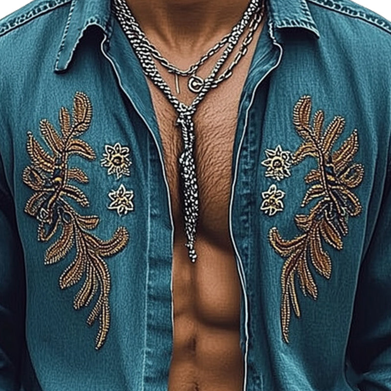 Men's Vintage Denim Embroidered Button Shirt MTA2210D2U