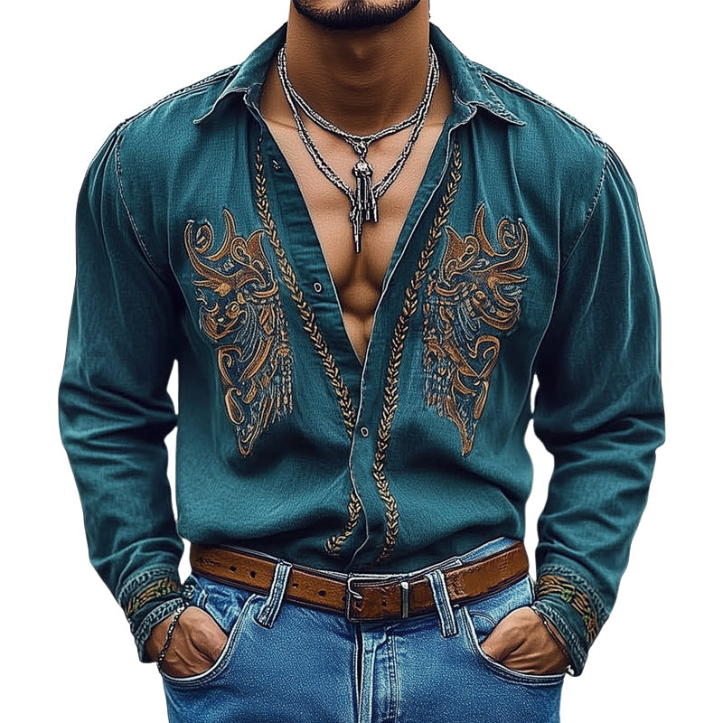 Men's Vintage Embroidered Denim Long Sleeve Shirt MTA2229D5U