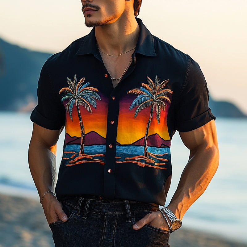 Men's Palm Seaside Print Short Sleeve Shirt MTA2289D4X