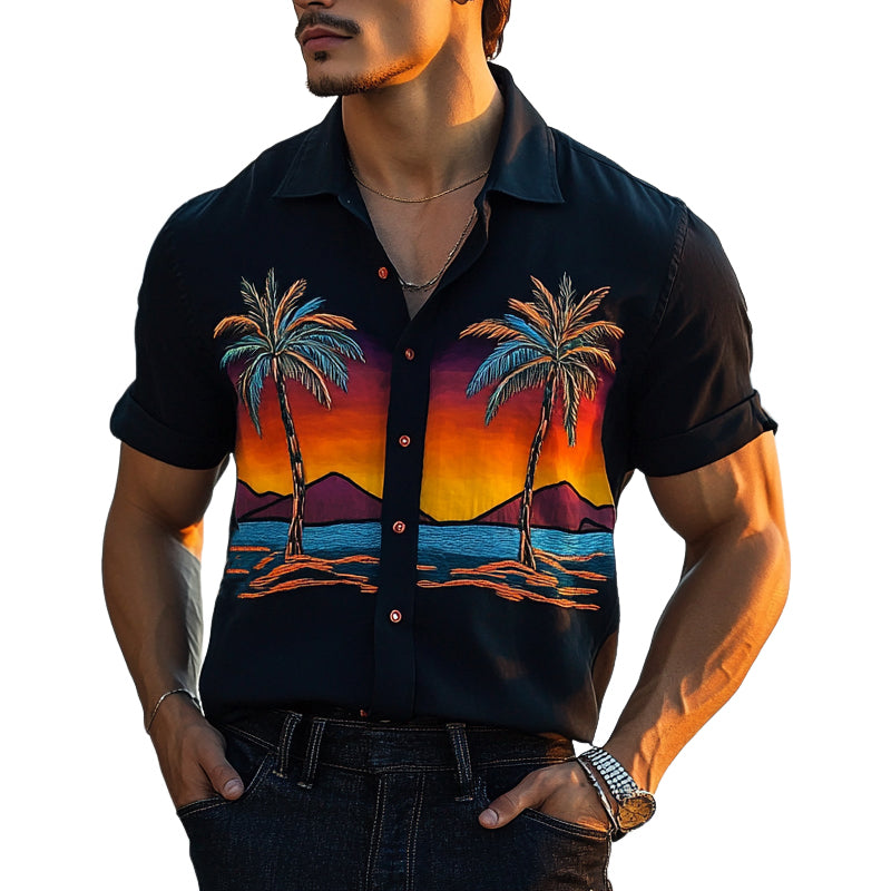Men's Palm Seaside Print Short Sleeve Shirt MTA2289D4X