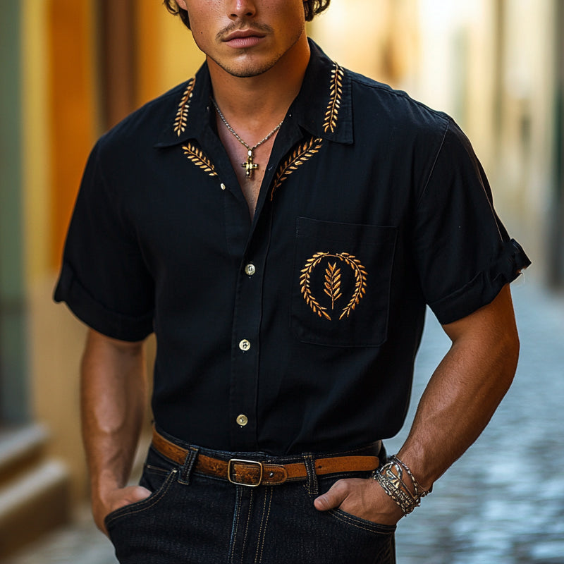 Men's Embroidered Lapel Short Sleeve Shirt MTA2256D9X