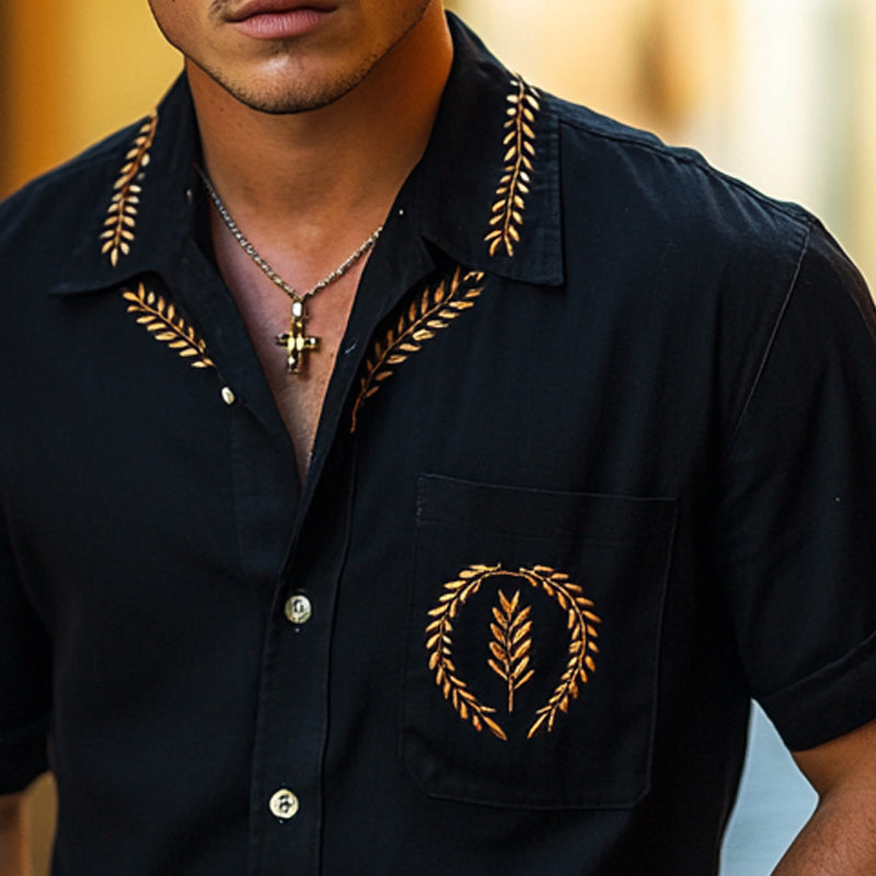 Men's Embroidered Lapel Short Sleeve Shirt MTA2256D9X