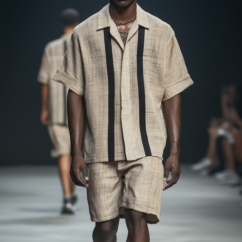 Fashion Striped Lapel Short Sleeve Shirt Shorts Casual Set MTA2290D3Z