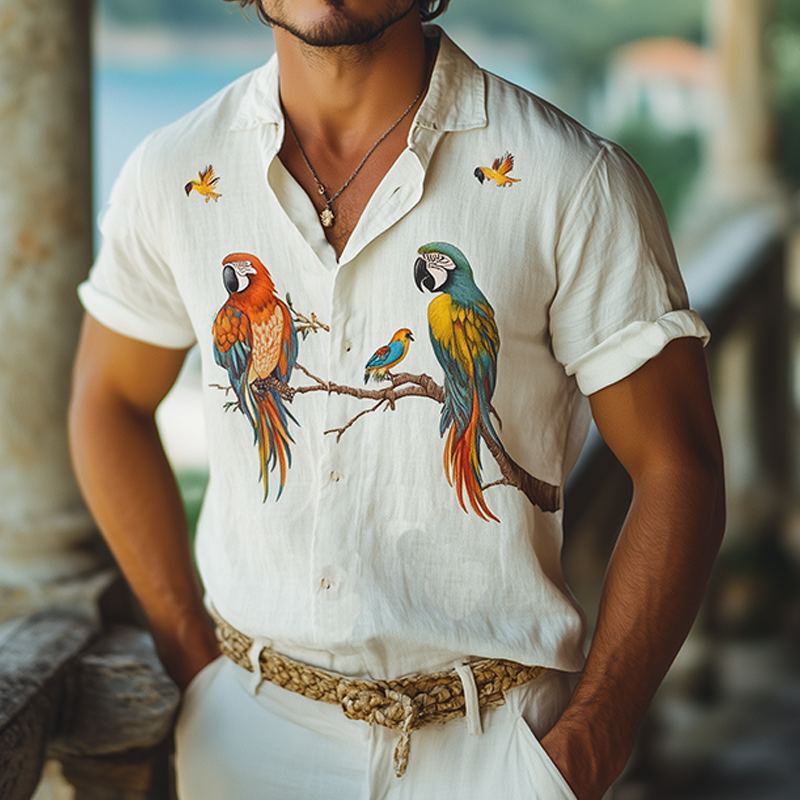 Men's Summer Fashion Casual Hawaiian Style Flamingo Printed Cotton and Linen Short Sleeve Shirt MTA2265D2K