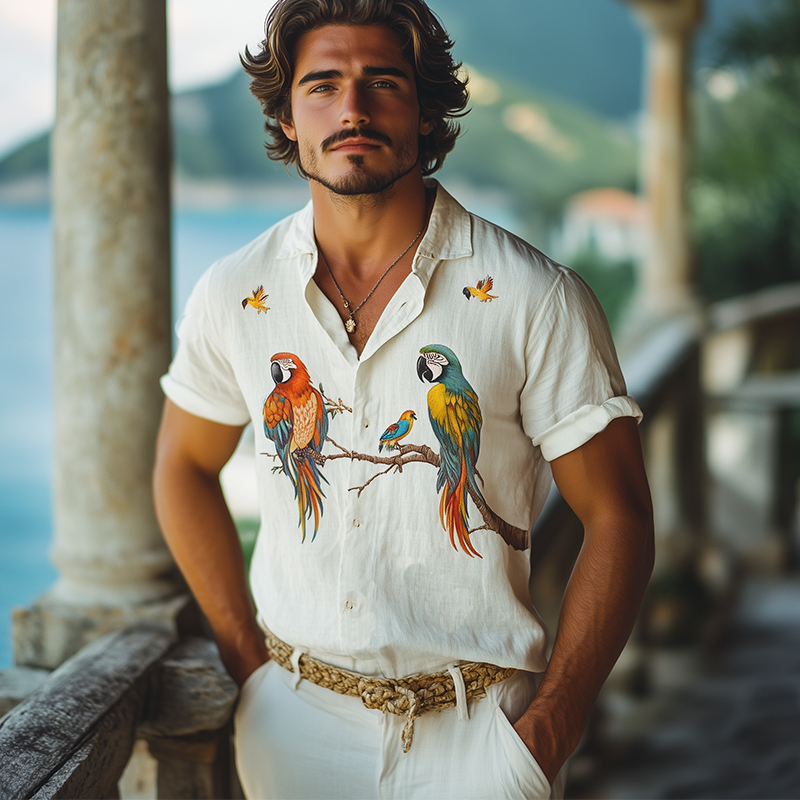 Men's Summer Fashion Casual Hawaiian Style Flamingo Printed Cotton and Linen Short Sleeve Shirt MTA2265D2K