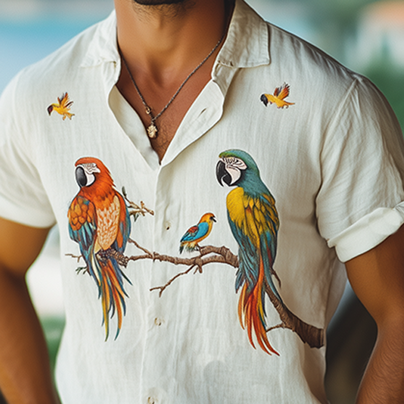 Men's Summer Fashion Casual Hawaiian Style Flamingo Printed Cotton and Linen Short Sleeve Shirt MTA2265D2K