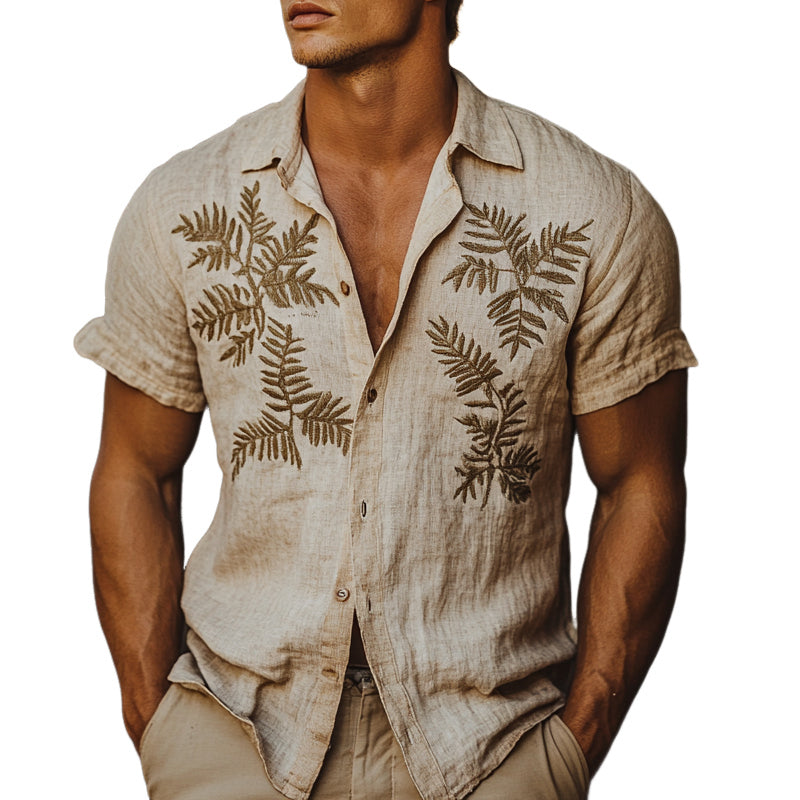 Men's Linen Fern Embroidered Short Sleeve Shirt MTA2215D8X