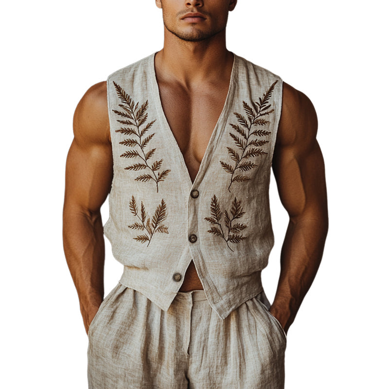 Men's Vintage Fern Embroidered V-Neck Vest MTA2238D5X