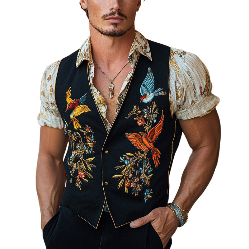 Men's Vintage Bird Embroidered V-Neck Vest MTA2298D5X